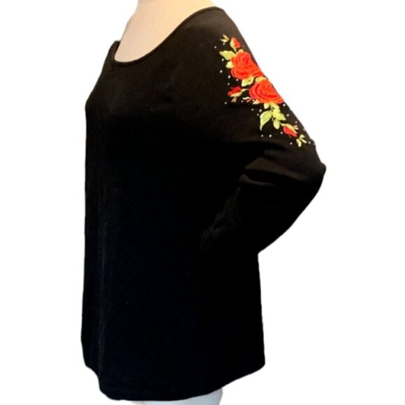 Quacker Factory Top Embroidered Roses  Rhinestones Sz L Black #20A - Picture 4 of 9